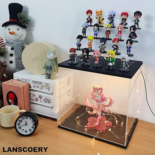Miniatura 4 de LANSCOERY Vitrina de acrílico transparente con luz, soporte de 4 niveles con base negra, escaparate de protección a prueba de polvo para figuras