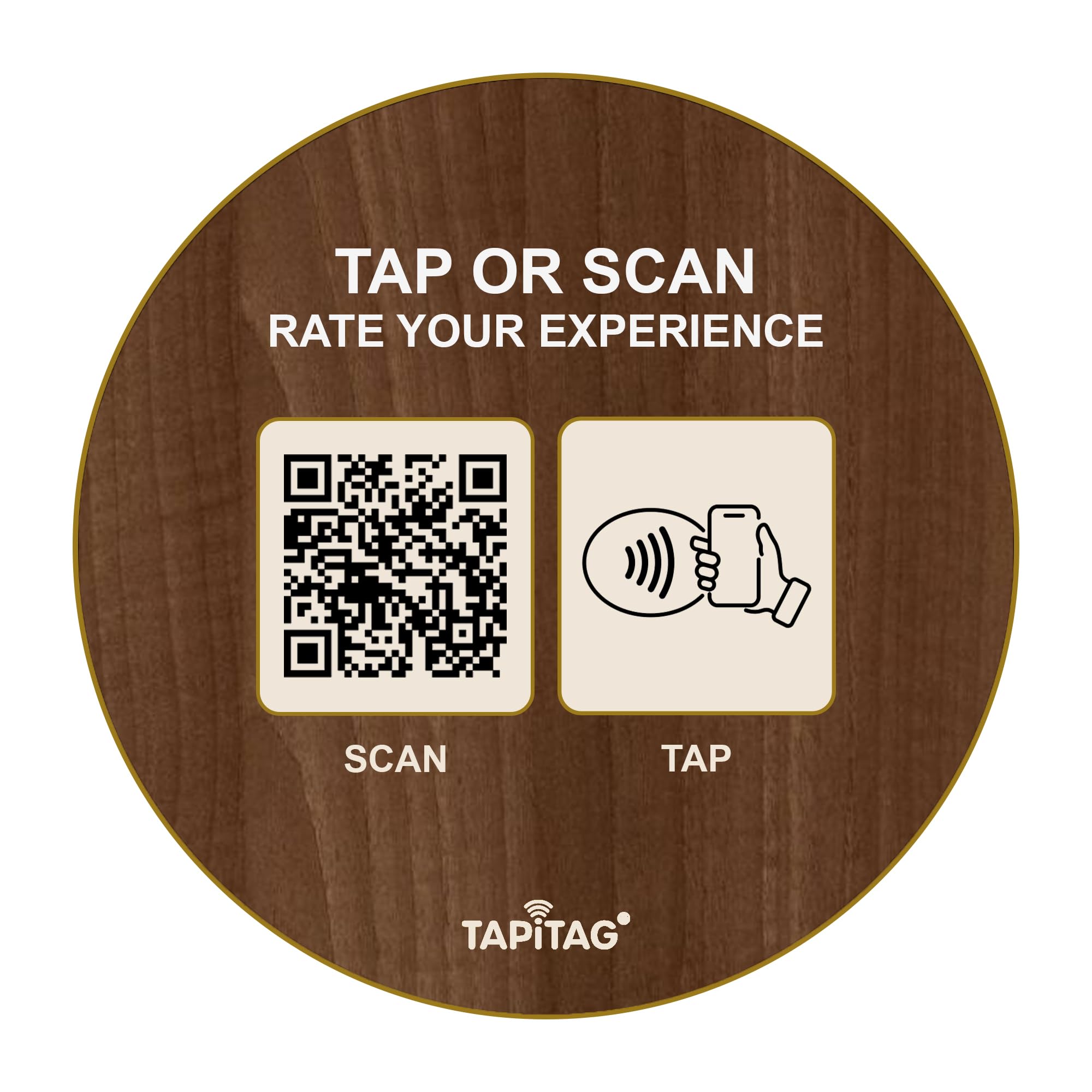 TAPiTAG Smart Business Hub – Tap or Scan to Access Your Business Info (Reviews, Menu, Socials, Bookings & More) – Contactless Display Sign with NFC, QR & Customisable Profile (Walnut, Wood, 70mm)