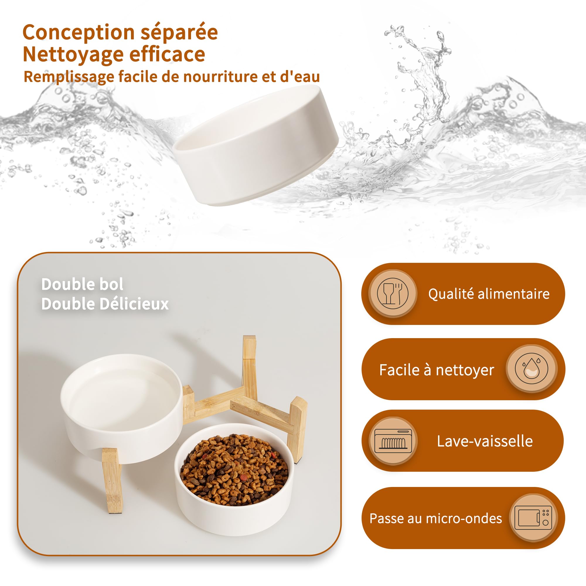 Gamelle Surélevée pour Chien et Chat - Double Bol Céramique avec Support en Bambou - Set pour Nourriture et Eau - Petits Animaux - 2 x 480 ML