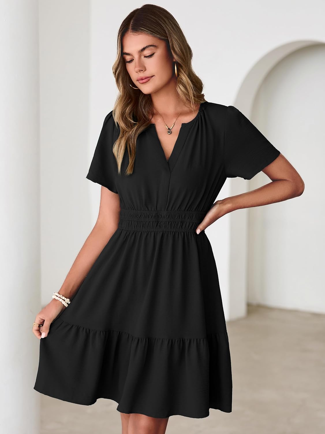 Simplee Womens Casual Summer Dresses 2026 V Neck Short Sleeve Empire Waist Flowy A Line Ruffle Tiered Mini Sundress