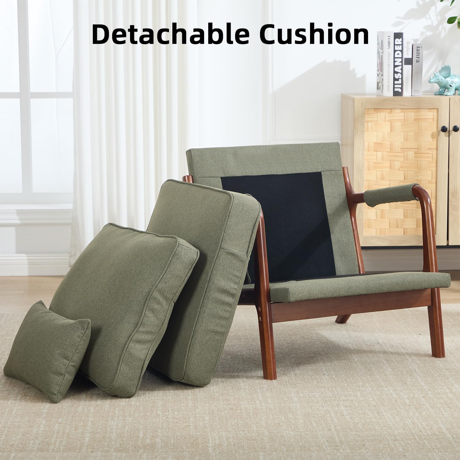 CANMOV Mid Century Modern Accent Chair with Extra Side Storage Pocket Upholstered Reading Armchair with Waist Cushion, Accent Chair for Living Room Bedroom, Easy Assembly, Green