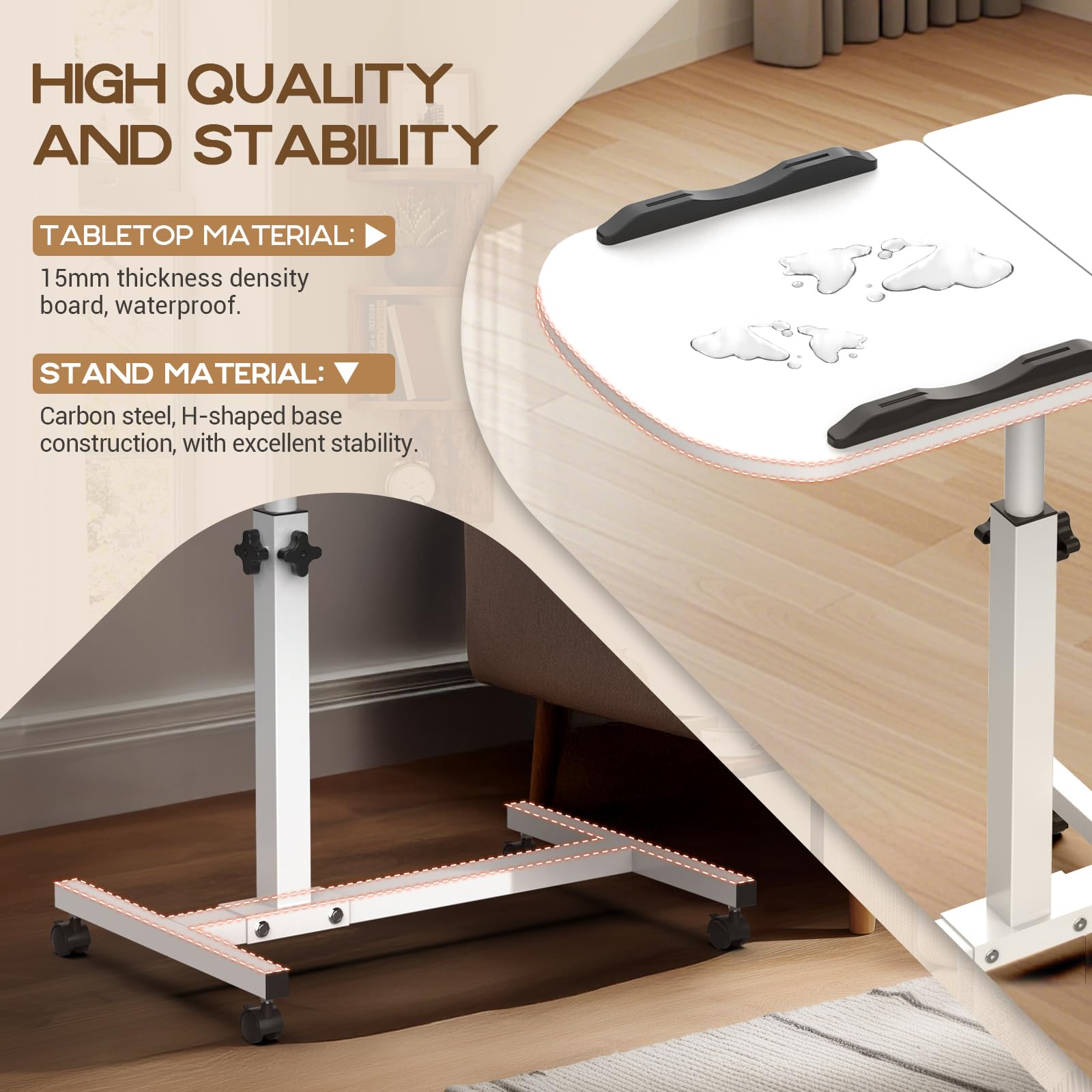 Soontrans Table de lit sur roulettes - 60 x 40 cm - Réglable en hauteur - Plateau inclinable à plusieurs angles - Pour lit d'hôpital, lit de soins, salon, chambre à coucher, bureau (blanc)