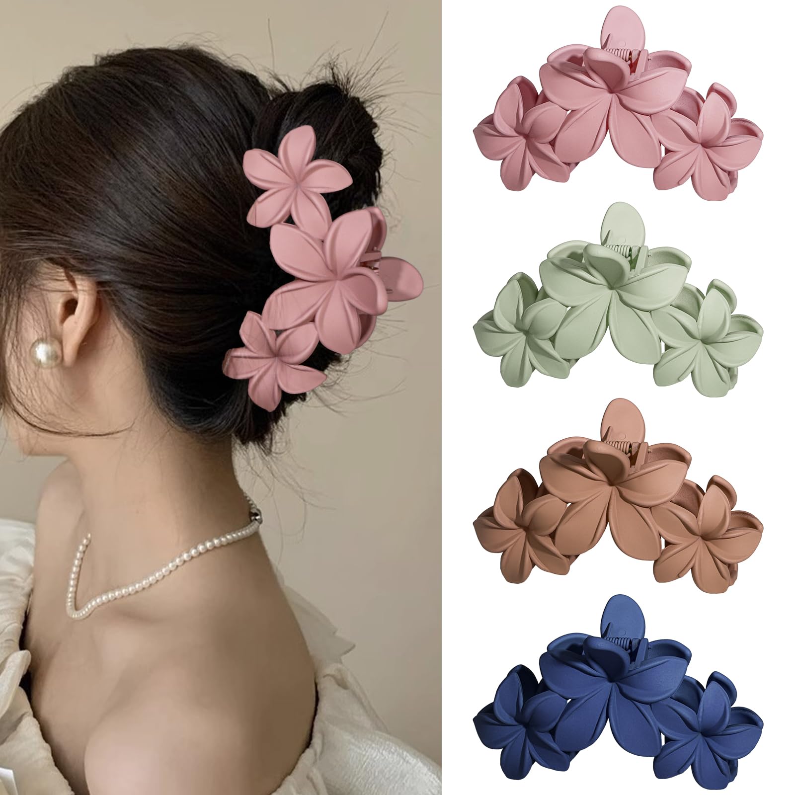 ANBALA4PCS Plumeria Hawaiian Flower Claw Clips - Large Strong Hold Beach Hair Accessories for Thick Hair (Colorful)