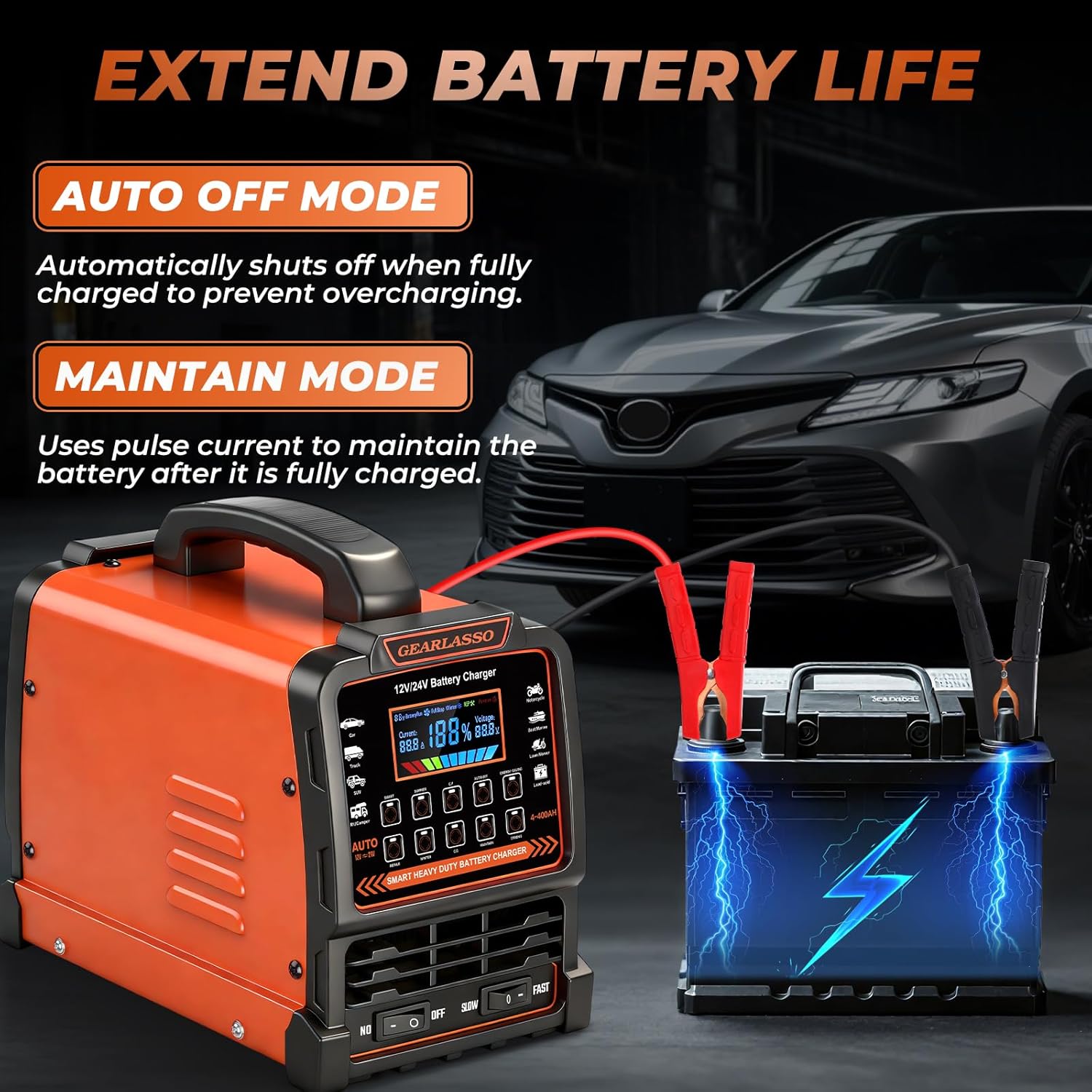 12V 24V Car Battery Charger Heavy Duty, 0-15A Automatic Battery Maintainer with Auto Shutoff, 10 Charging Modes incl. CV/CC & Strong Mode, Smart Trickle Charger for Car Truck Motorcycle RV