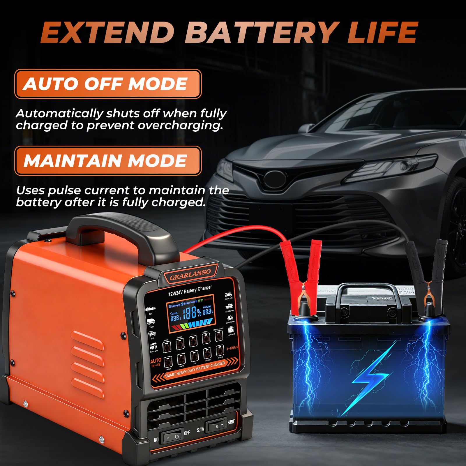 Chargeur de batterie de voiture 12 V 24 V très résistant, mainteneur de batterie automatique 0-15 A avec 10 modes, y compris les arrêts automatiques, la réparation, l'hiver, chargeur