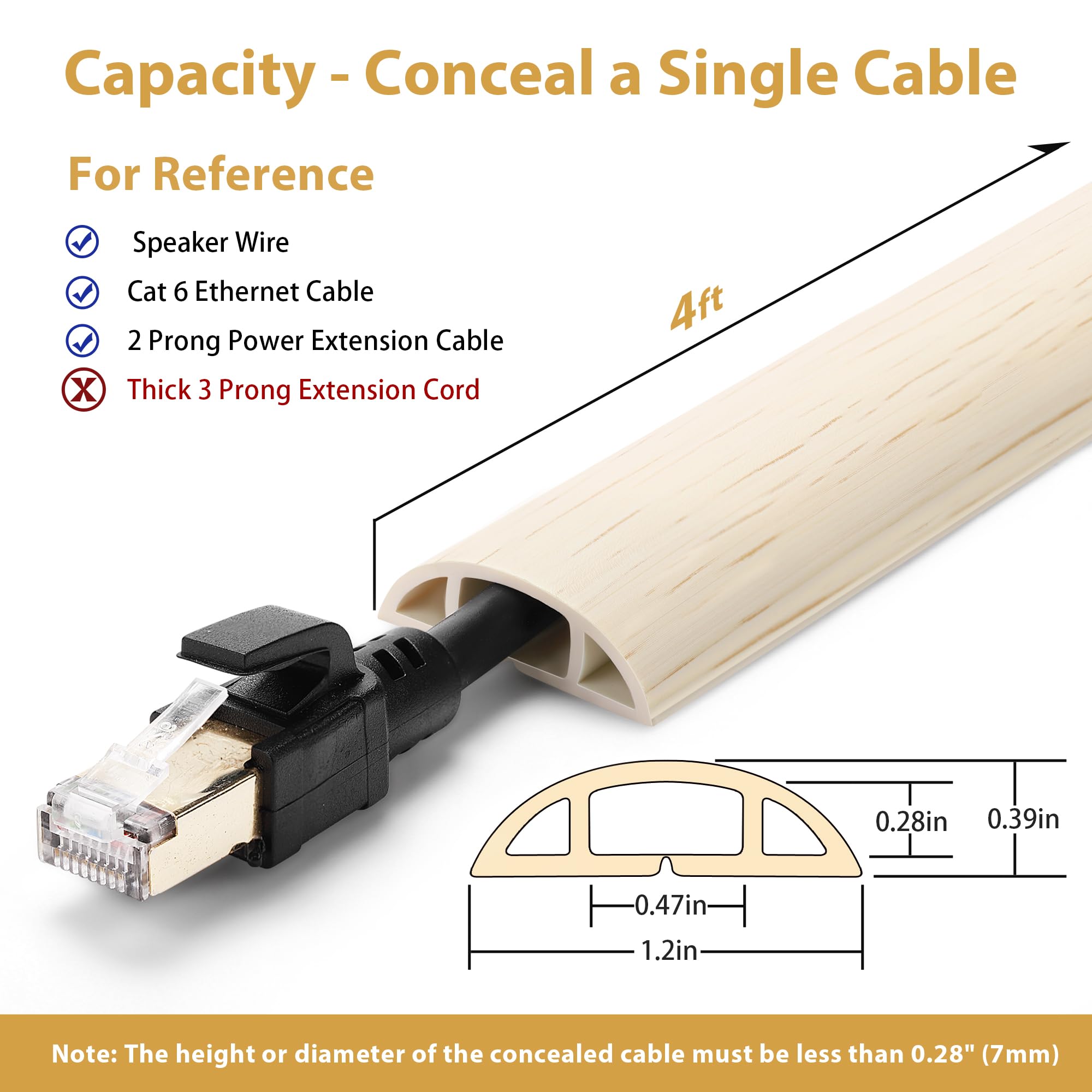 JUNXIAO-Floor Cord Cover 4ft, Maple Wood Cord Hider Floor Hide Extension Cords Floor Cable Management Floor Cable Cover Wire Covers Cords Cable Protec