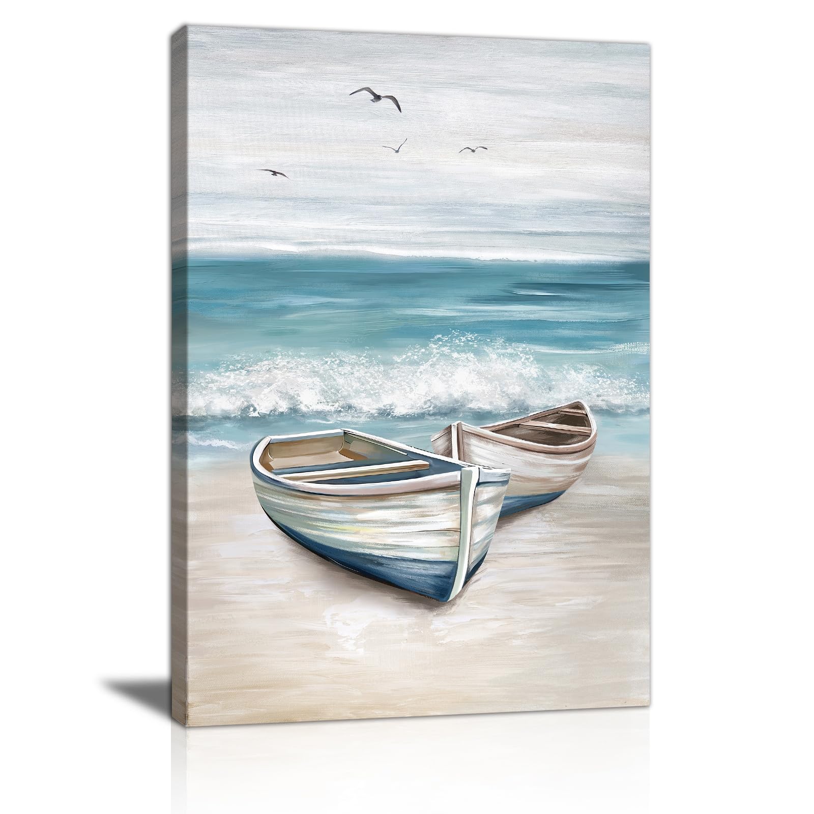 FajerminArt Blue Ocean Canvas Wall Art, Framed Blue White Sea Wall Paintings Sandy Beach Coastal Picture Boat Seagull Artwork Prints Home Decor for Bathroom Living Room Bedroom 40x60cm — image 1
