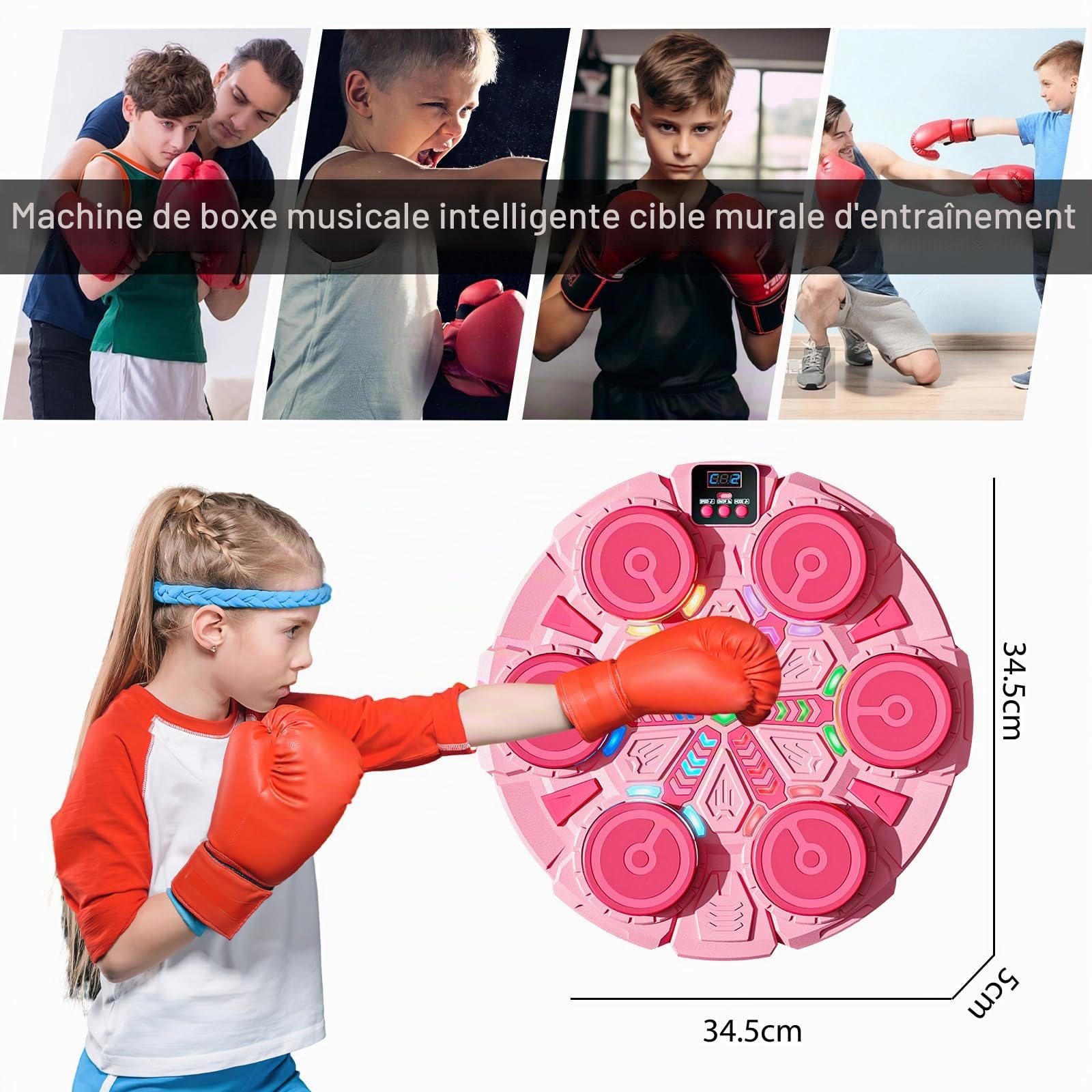Machine de boxe musicale pour enfants, avec musique, gants de boxe, 6 modes de vitesse et 3 modes de numéro, Bluetooth, avec câble de charge USB, lumière LED pour enfants/adultes