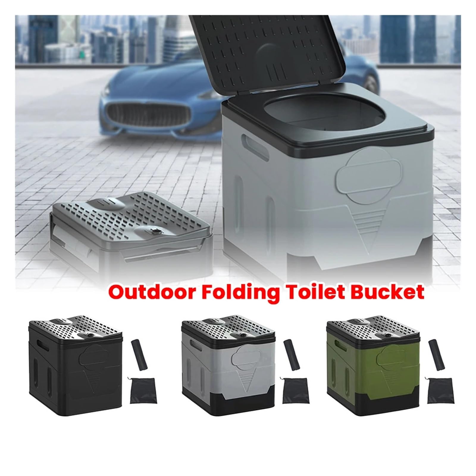 Inodoro plegable portátil para acampar al aire libre con bolsas de basura (negro y gris)