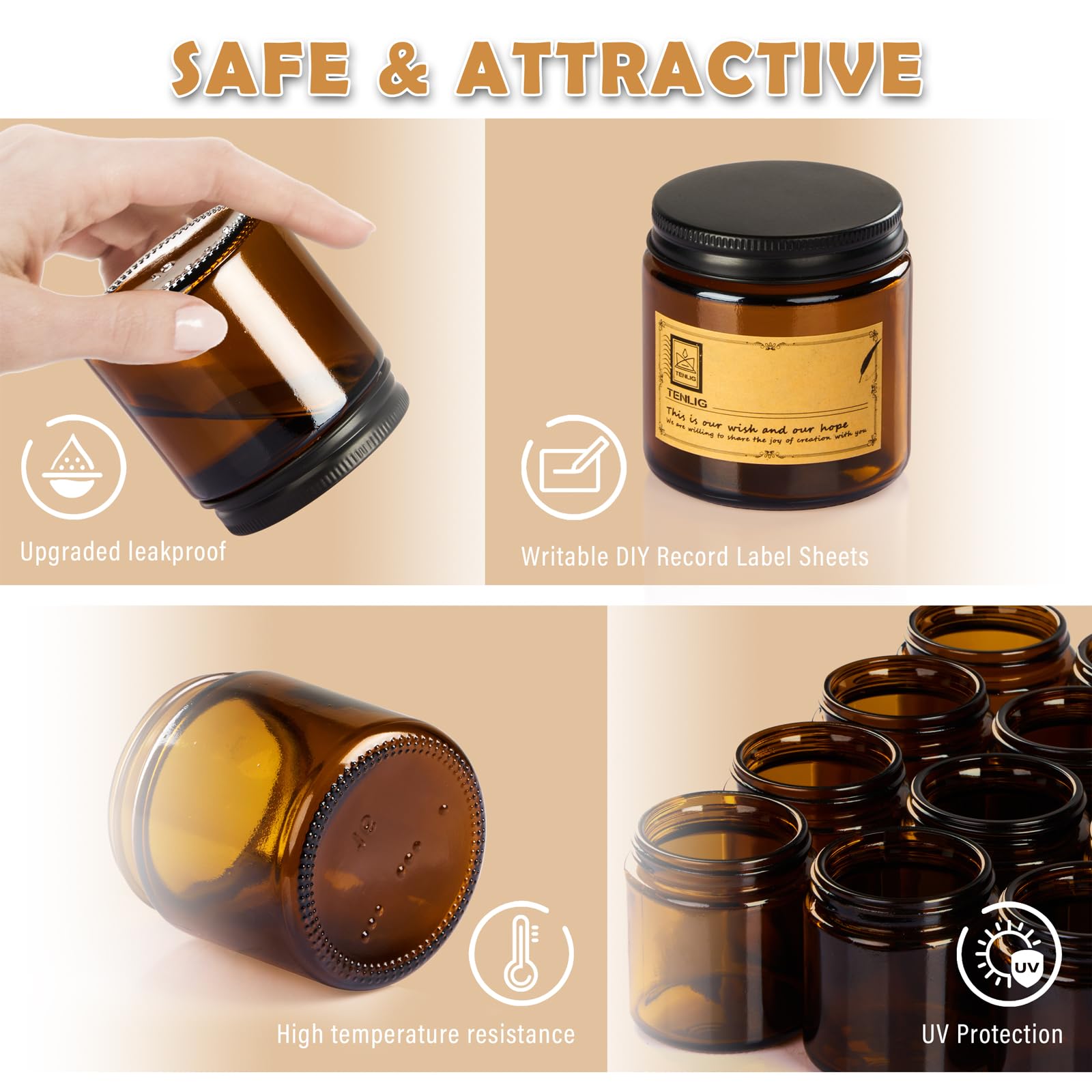 12 Pack 4 oz Amber Glass Cosmetic Jars with Lids, Liners & Spatulas