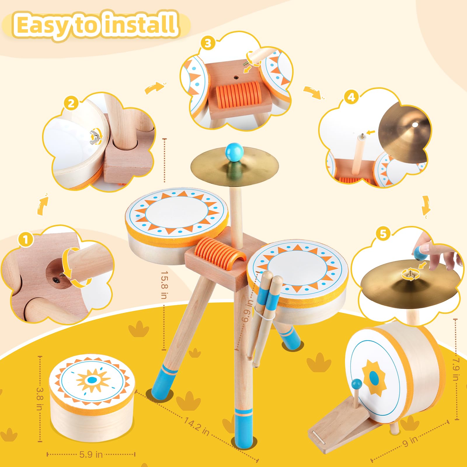 Tambor Montessori para Bebés de 1+ Año | Set de Tambores Educativo de Madera para Niños Pequeños 1-3 Años | Instrumentos Musicales para Bebés, el Regalo Cumpleaños/Navidad para Niños y Niñas