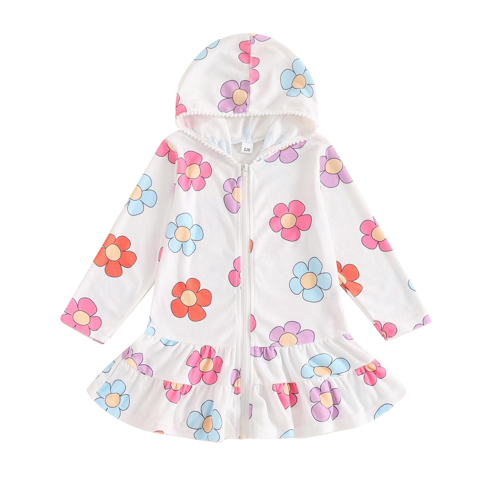 Toddler Girl Cover Up Terry Robe Long Sleeve Hooded Swimwear Towel Coverup Dress Zip-Up Bathing Suit Wrap Bathrobe (A-Multicolor, 7-8 Years)