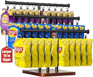 Chip Rack Display Stand, 3-Tier 42 Clips Snack Organizer for Office Desk, Classic Wood Base Chip Holder for Party, Snack Display Rack for Countertop Concession Stand, Retail Store Home