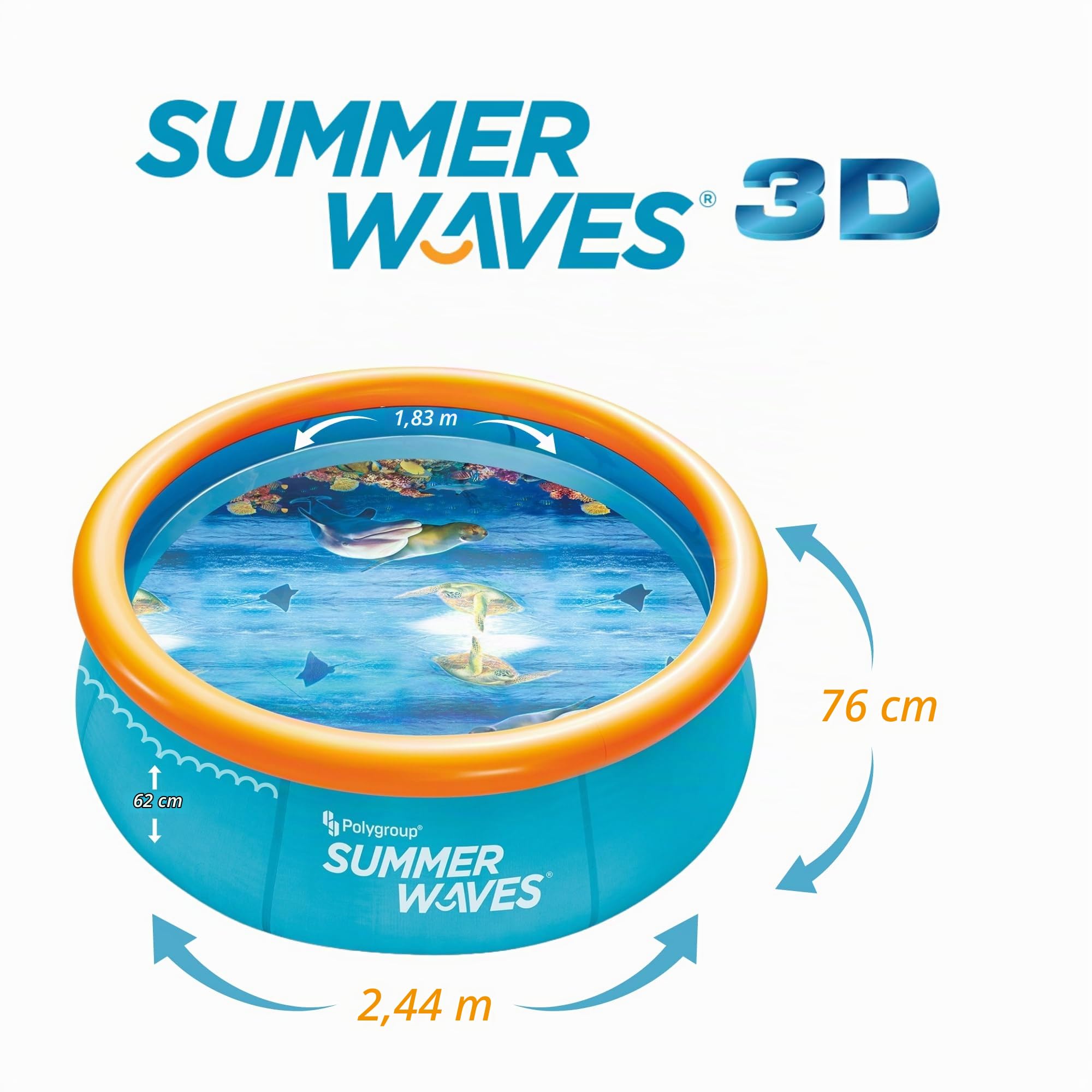 Summer Waves Piscina, Piscina Gonfiabile Rimovibile, Piscina per Famiglie, Piscina da Giardino, Piscina Rotonda 3D, Include 2 Occhialini Nuoto, 2,44 M x 76 CM