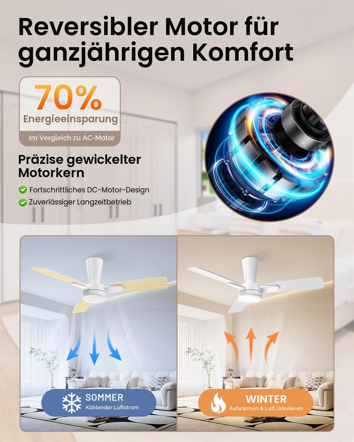 Deckenventilator mit Beleuchtung 106cm, Deckenventilator mit Licht und Fernbedienung, Leise Reversibel DC Motor, LED Dimmbar, 3 Snap-In-Flügel, Schlafzimmer Wohnzimmer, Gelbe Holzmaserung/Weiß