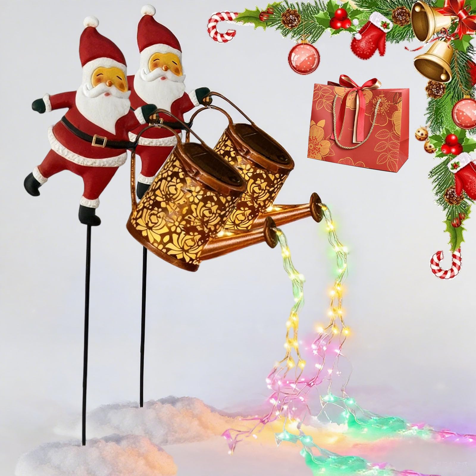 Christmas Solar Kettle Lights, Hanging Solar Santa Claus Watering Can (2pc)