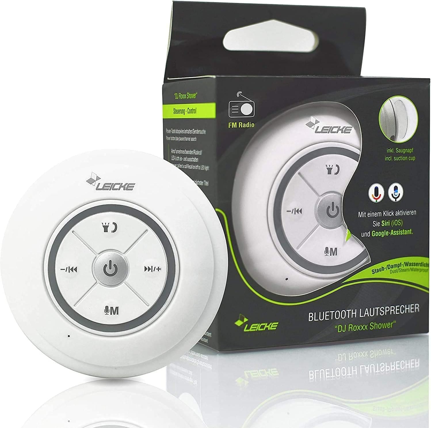 Close-up of the LEICKE Bluetooth Shower Speaker's control panel, showing power, volume, track skip, and microphone buttons.