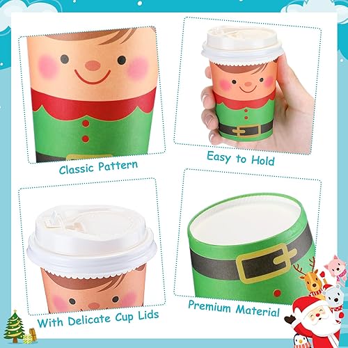Miniatura 3 de Paquete de 100 tazas de café de papel de Navidad con tapas, tazas de bebidas calientes de Navidad de 9 onzas, tazas desechables de chocolate