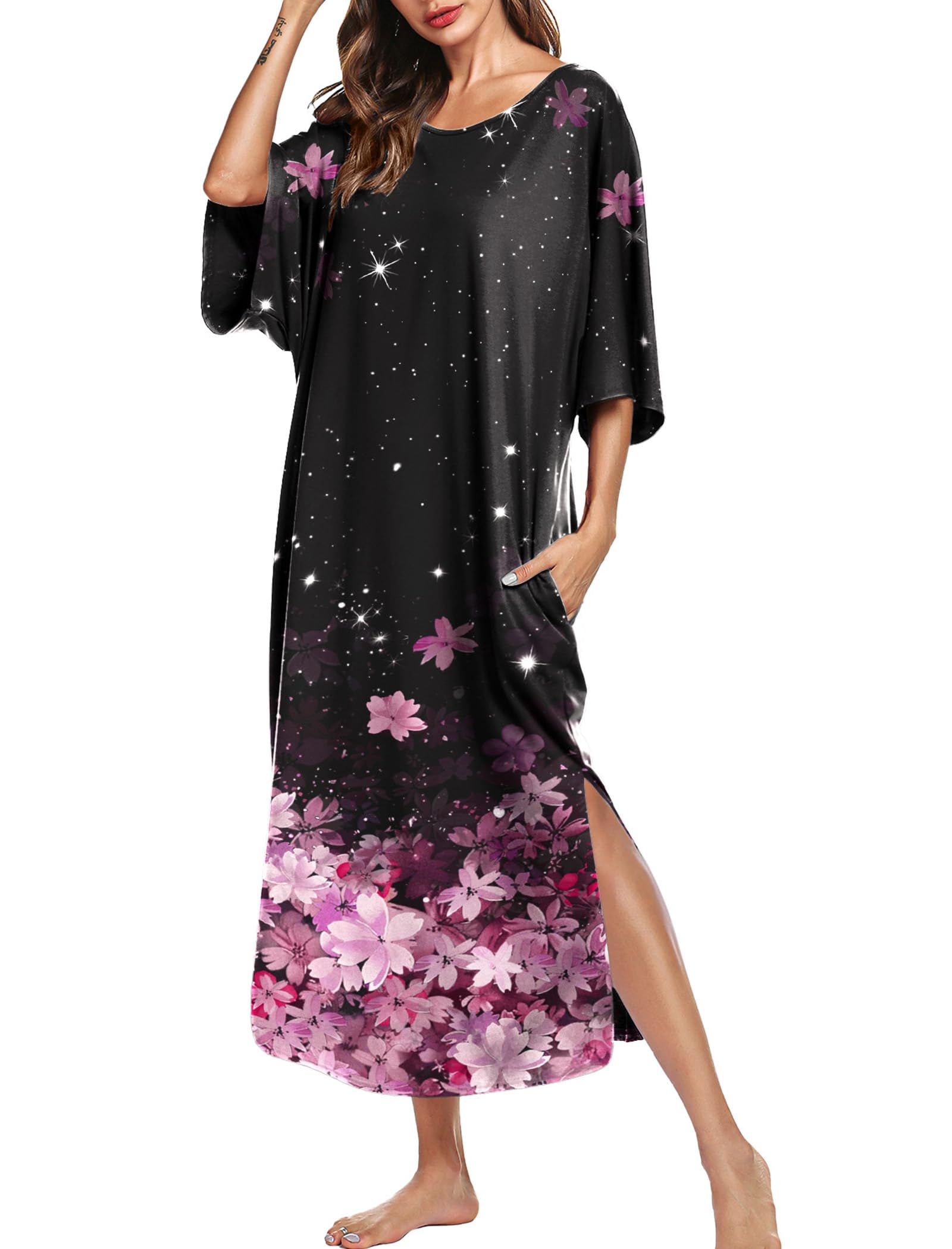 Ekouaer Long Nightgowns for Women Short Sleeve Night Gowns with Pockets | Casual Maxi Lounge Dress, Round Neck Sleep Dress, Plus Size House Dress, Side Split Sleepshirts for Lounging, Home, Party