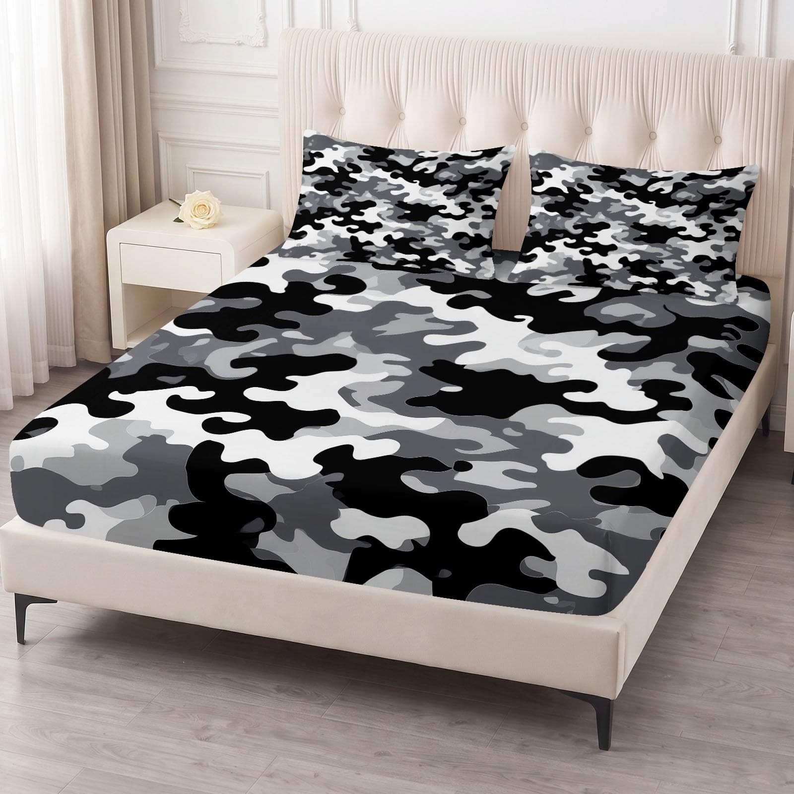 Juego de sábanas bajeras ajustables de 3 piezas, 180 x 200 cm, color negro y blanco, de camuflaje, de microfibra, suave, con 2 fundas de almohada de 80 x 80 cm, colchones de hasta 30 cm