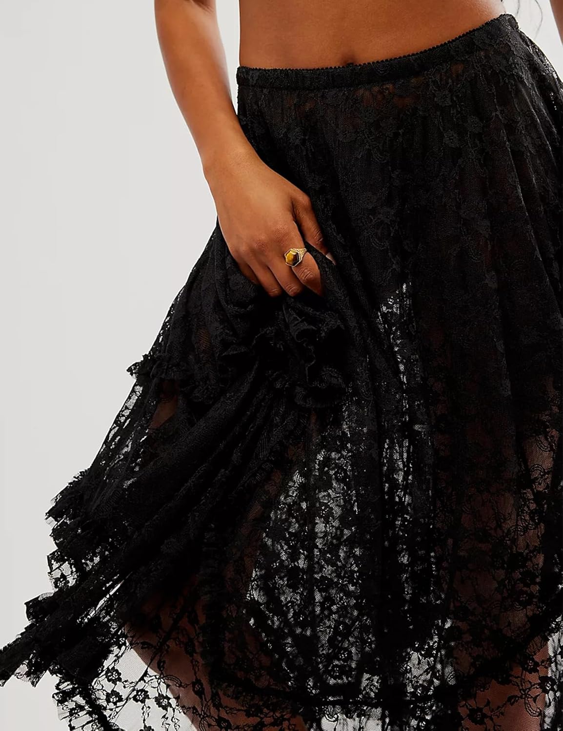 Yimoon Lace Skirts for Women Flowy Boho Maxi Skirt Elastic Asymmetrical Layered See-Through Long Skirt - Image 4