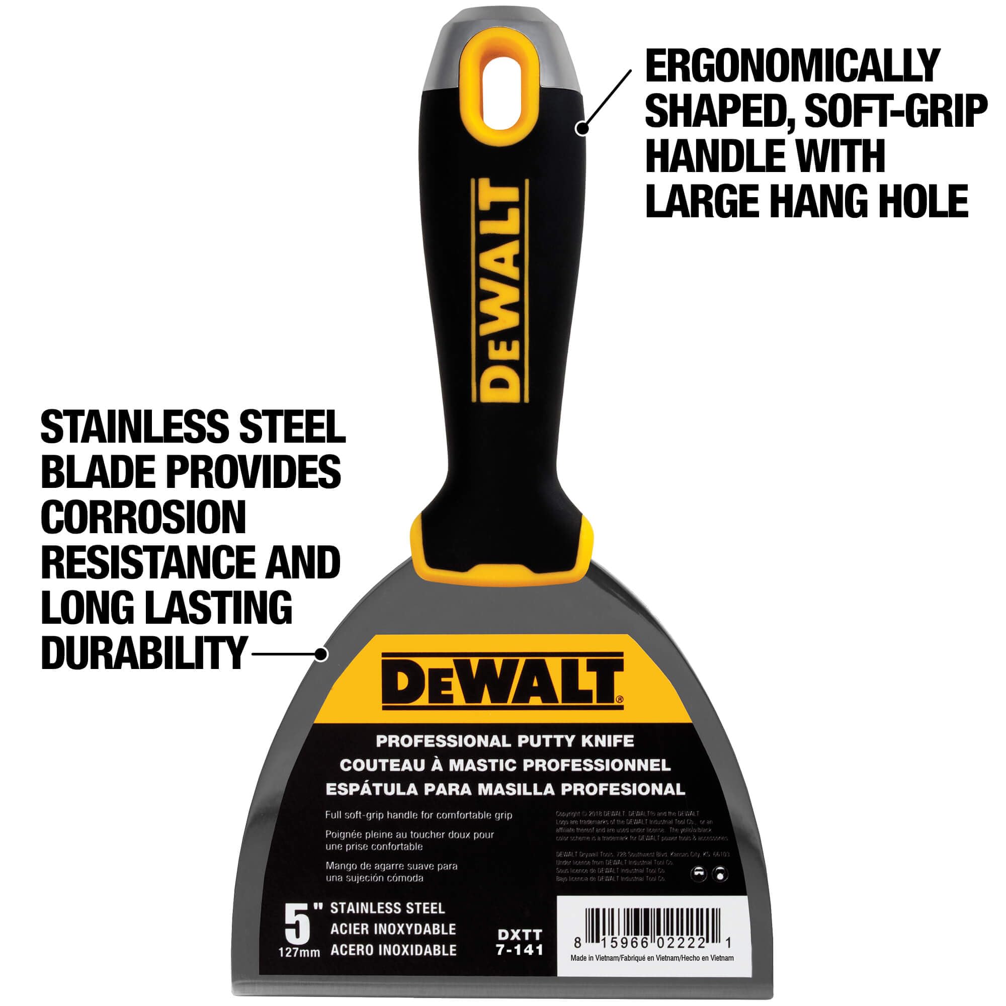 DEWALT Cuchillo de masilla de 5 pulgadas | Acero inoxidable con mango de agarre suave | DXTT-2-141