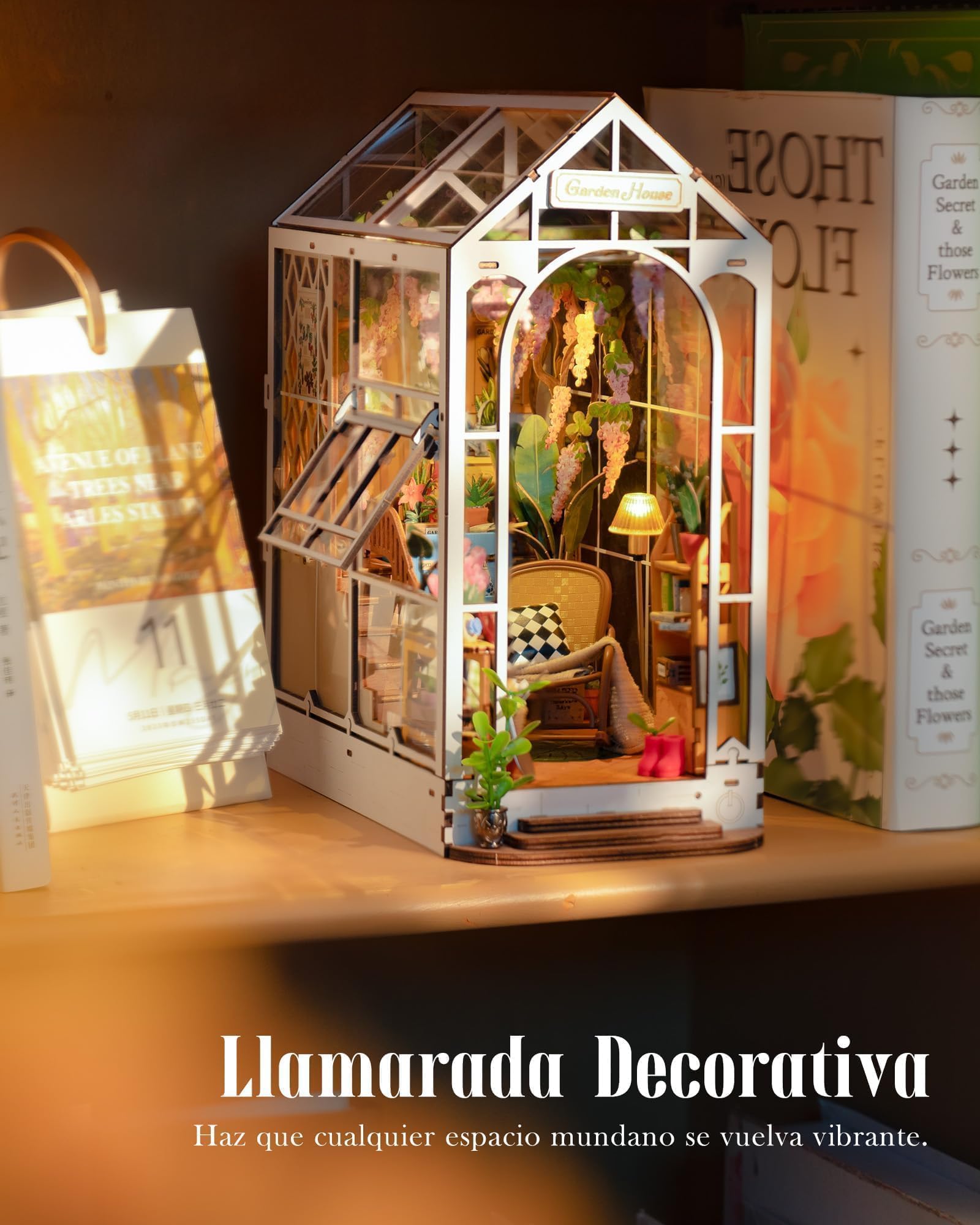 ROWOOD Book Nook Kit Gardenhouse, Booknook DIY Miniaturowy zestaw do domu ze światłem LED, podpórki do książek, zestawy modeli dla dorosłych do budowania, 3D, drewniane puzzle, regał na książki