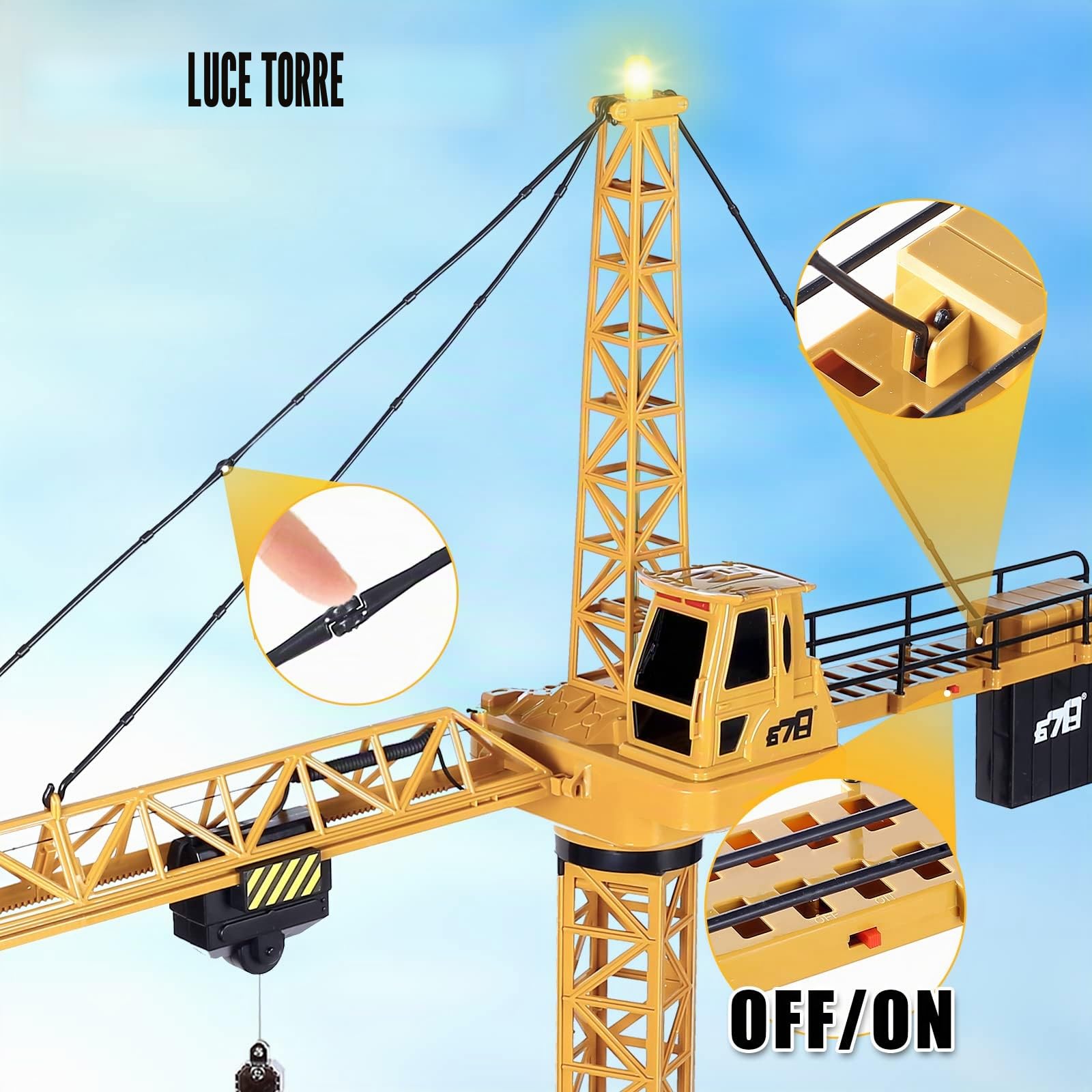 deAO Gru a Torre di Costruzione Telecomandata, Grande RC Gru 128 cm, 6 Canali di Radiocomando, Giocattolo Modello da Costruzione con Luci, Orientabile a 680° Rotazione, Regalo per Ragazzi