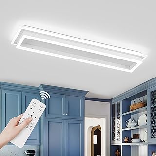 Dimmable Led Ceiling Light with Remote Control 31.5in Modern Linear Flush Mount Ceiling Lighting Fixture Acrylic Long Ceiling Lamp for Living Room Kitchen Dining Room Hallway (White)