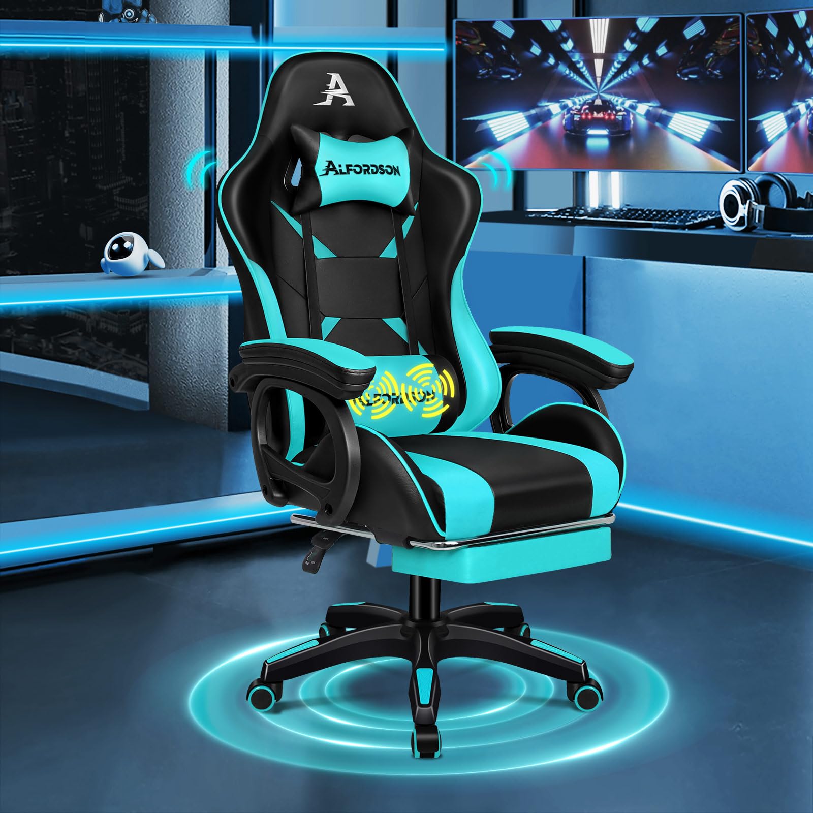 Alfordson gamingstoel met 8-punts massage, 12 kleuren RGB LED-verlichting, ergonomische bureaustoel met voetensteun, hoofdsteun en lendensteun voor kinderen en volwassenen, stof, grijs