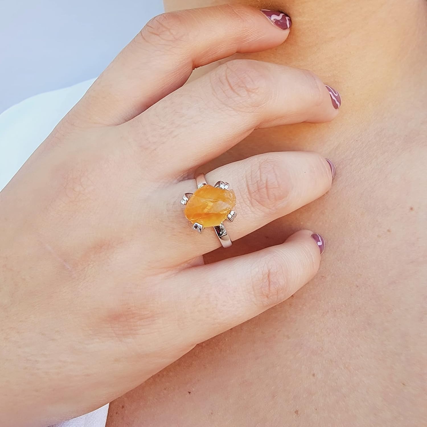 Natural raw gemstone adjustable finger ring with white gold over 925 sterling silver, perfect birthstone gift for her, Uniquelan Jewelry