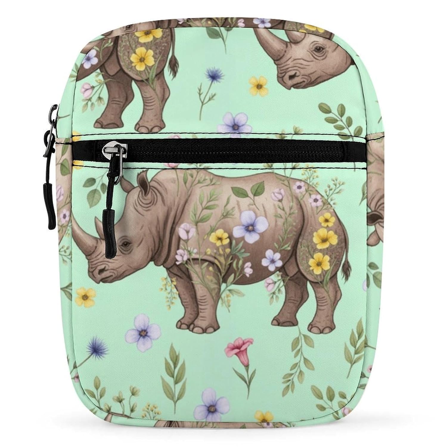 JOJOART Floral Rhinoceros Pattern Mini Messenger Bag Small Satchel Crossbody Bag Cross Body Shoulder Bag With Adjustable Straps