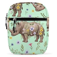 JOJOART Floral Rhinoceros Pattern Mini Messenger Bag Small Satchel Crossbody Bag Cross Body Shoulder Bag With Adjustable Straps