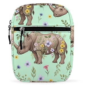 JOJOART Floral Rhinoceros Pattern Mini Messenger Bag Small Satchel Crossbody Bag Cross Body Shoulder Bag With Adjustable Straps