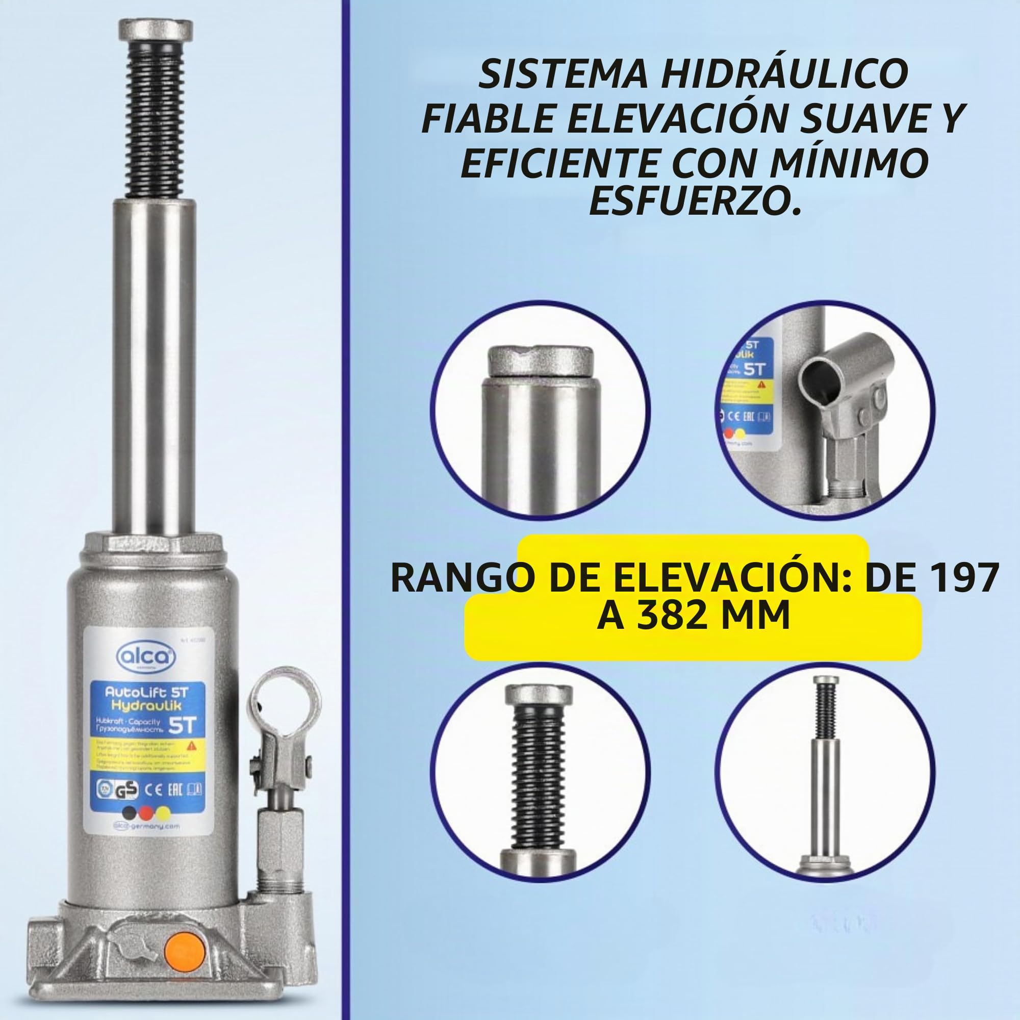 alca Alemania 432050 - Gato hidráulico de 5 toneladas para coche, furgoneta, caravana