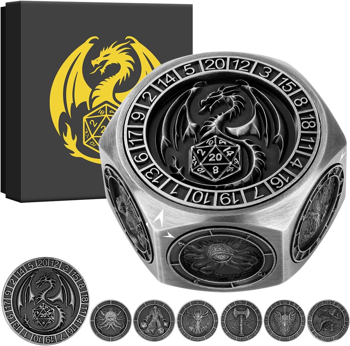 DND Dice Set, 8 Sides Metal Spinner Dice with 3D Monster Relief, Unique DND Gifts, Cool D&D RPG Accessories for Players & DM, Set with Box for Men Women, Dark Silver