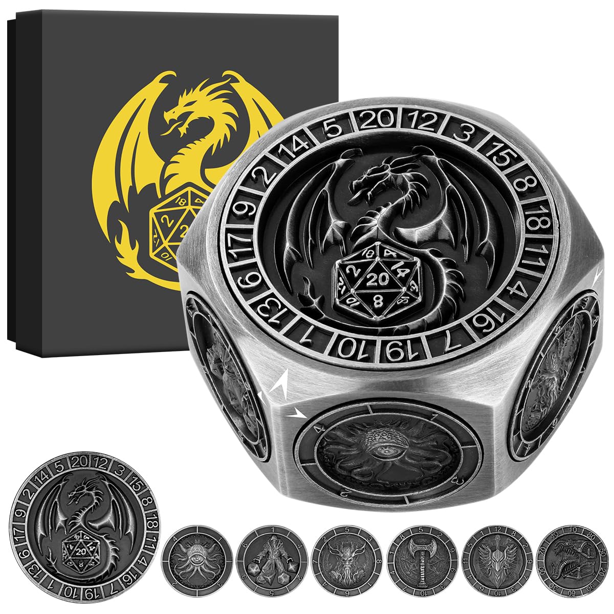 Unique Metal DND Dice Set, Spinner Dice and Fidget Spinners with Dragon & Mythical Symbols