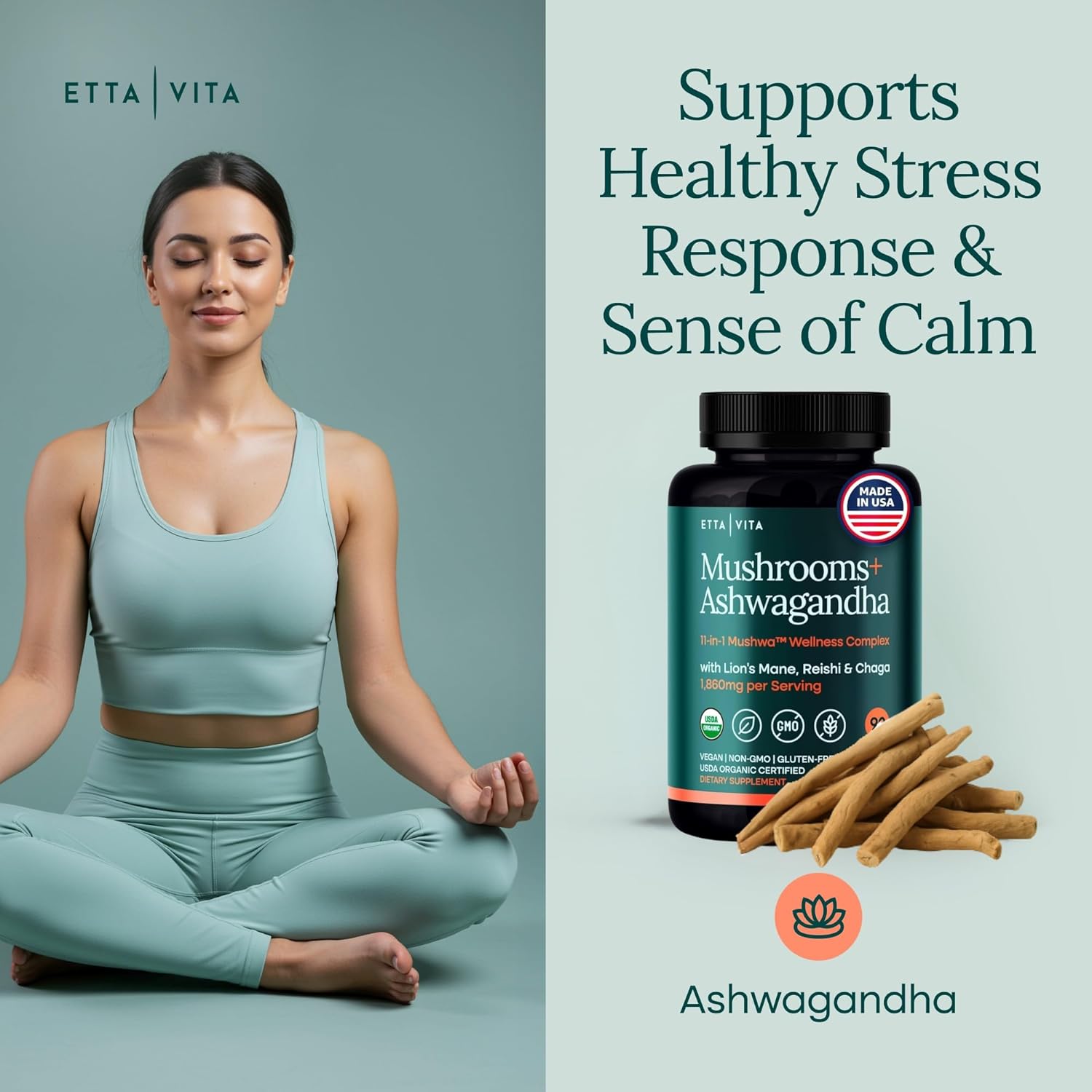 Etta Vita USDA Organic Lions Mane Supplement Capsules with Ashwagandha, Chaga, Reishi, Cordyceps, Turkey Tail - 10x Adaptogenic Mushroom Complex as Focus Supplement - Energy, Immunity & Nootropic