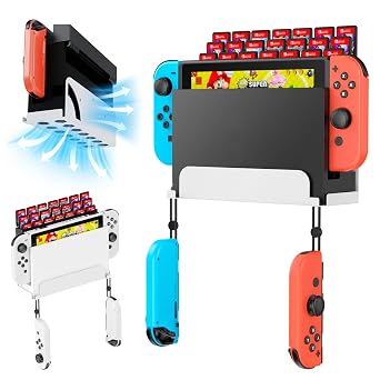 KUNSLCUK Wall Mount for Switch and Switch OLED, Metal Wall Mount Stand Accessories with 28 Game Cards Holder and 2 Joy-Con Hooks, Safely Mount Your Switch on Wall Near TV White