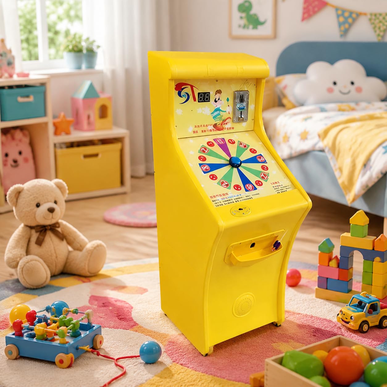 Gelber Arcade Automat, Münzbetriebener Kinderspielautomat mit Murmel-Launch, 55x40x110cm, für Spielzimmer & Kindergeburtstage , Klassisches Arcade-Design