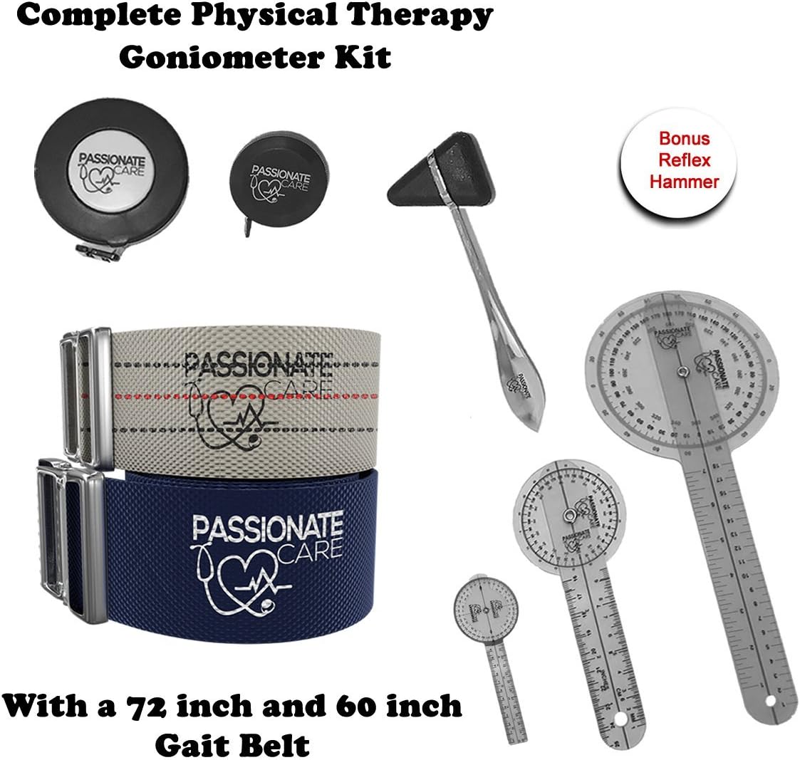 Goniometer Physical Therapy Set with 3 Sizes Plus Reflex Neurological Hammer, Medium and Small Measuring Tape Plus a 62 Inch and 70 Inch Gait Belt. Complete Set.