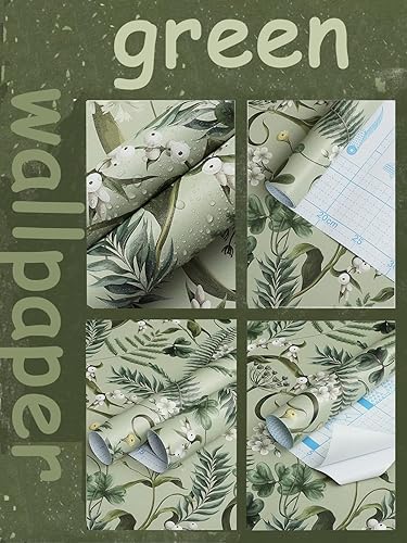 Miniatura 2 de Fiula Papel tapiz de hojas verdes para despegar y pegar, 16.1 x 393 pulgadas, papel tapiz floral, papel tapiz extraíble, autoadhesivo, decorativo,