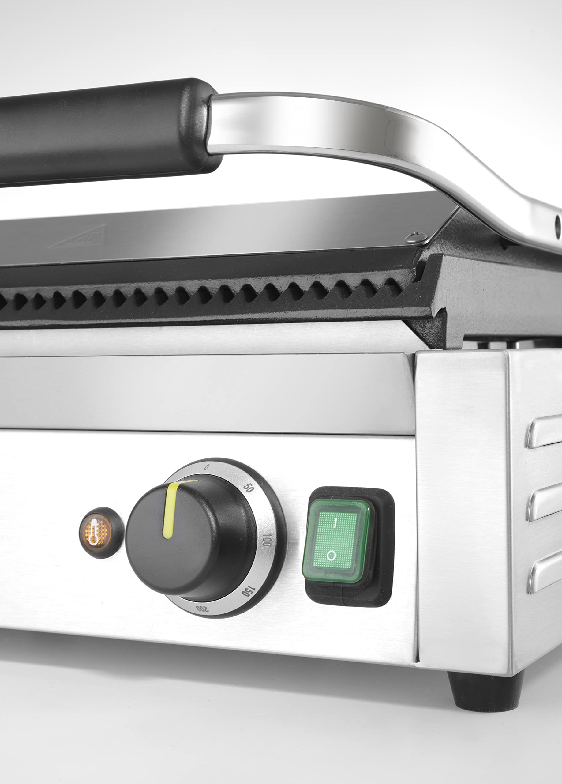 HENDI Parrilla Eléctrica de Contacto XL, Grill/Plancha Panini y Sandwichera Profesional, Placas Acanaladas de Hierro Fundido Esmaltado, 230V, 2700W, 540x424x(H)216mm, Acero Inoxidable