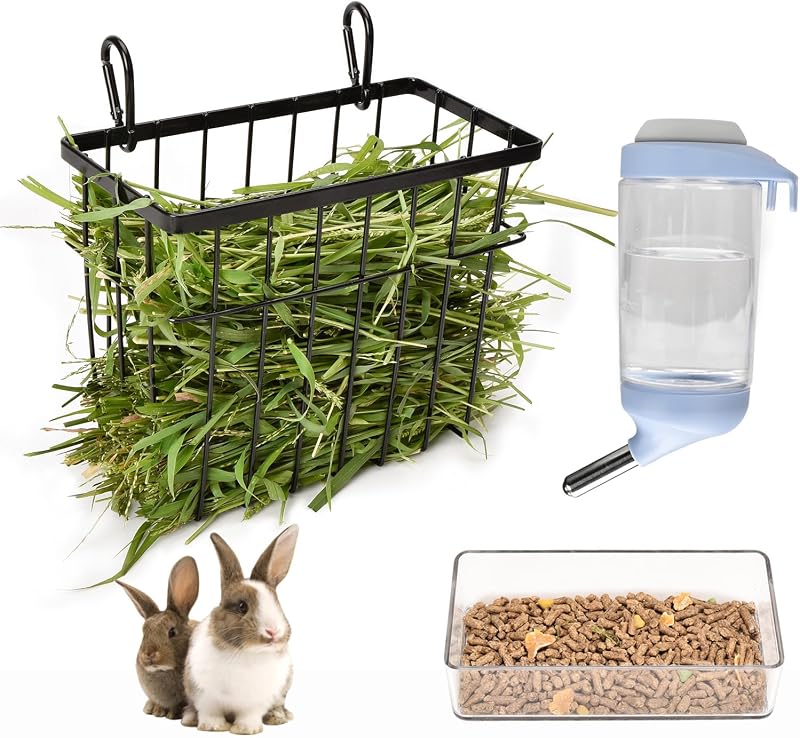 SANGLE SOPFFY Comedero de heno para conejos, juego de alimentación para animales pequeños con botella de agua de 350 ml, estante para heno, plato de pellets para cobayas, chinchillas, conejos, dispensador multifuncional de cuencos de comida de pellets