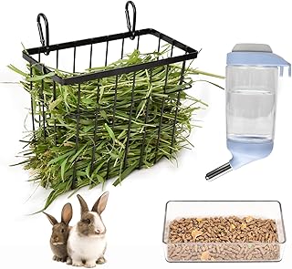 SANGLE SOPFFY Rabbit hay Feeder Small Animal Feeding Set with 350ml Water Bottle, Hay Rack, Pellet Dish for Guinea Pigs, Chinchillas, Bunny- Multifunctional Pellet Food Bowl Dispenser