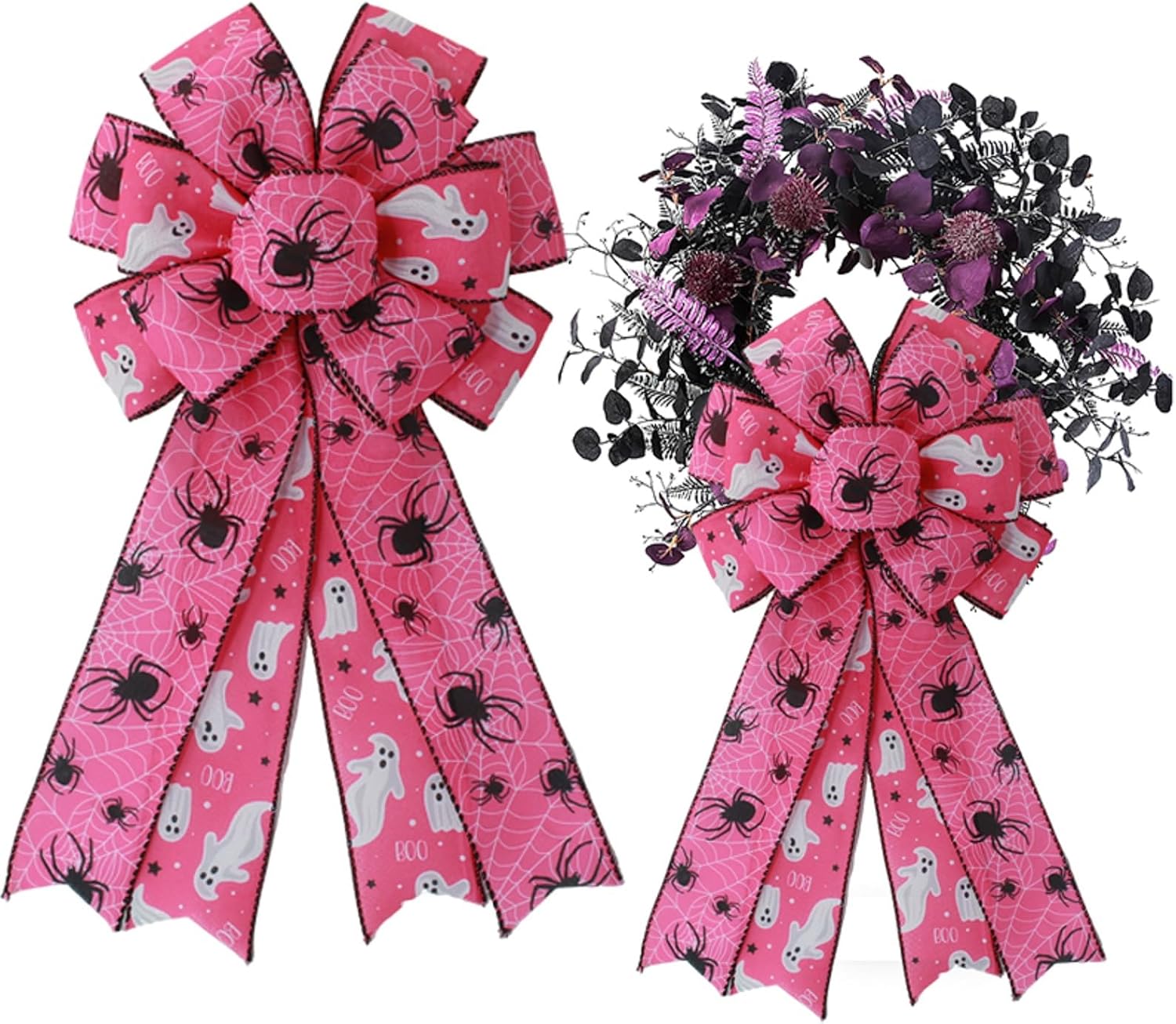 1 Pcs Large Halloween Wreath Bow - 17.8" x 9.8" Spooky Skeleton Wired Bow, Black White Skull Gothic Decorative Burlap Bows for Front Door, Tree Topper & Party Decor (Black Skeleton Bow)