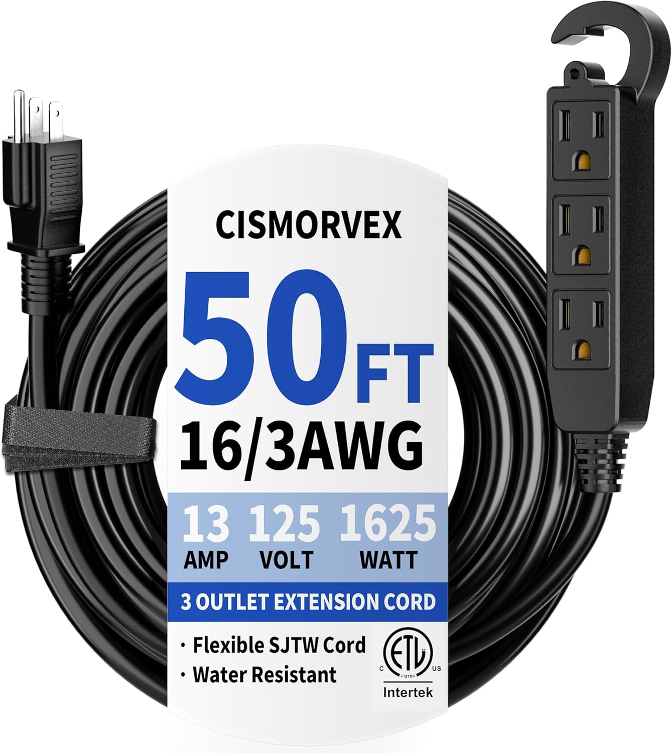 25 Ft 3 Outlet Outdoor Extension Cord Waterproof, Grounded Extension Cord with Multiple Outlets, 16/3 AWG 3 Prong Power Strip for Garden, Patio, Camping, 13A 125V 1625W, ETL Listed, White