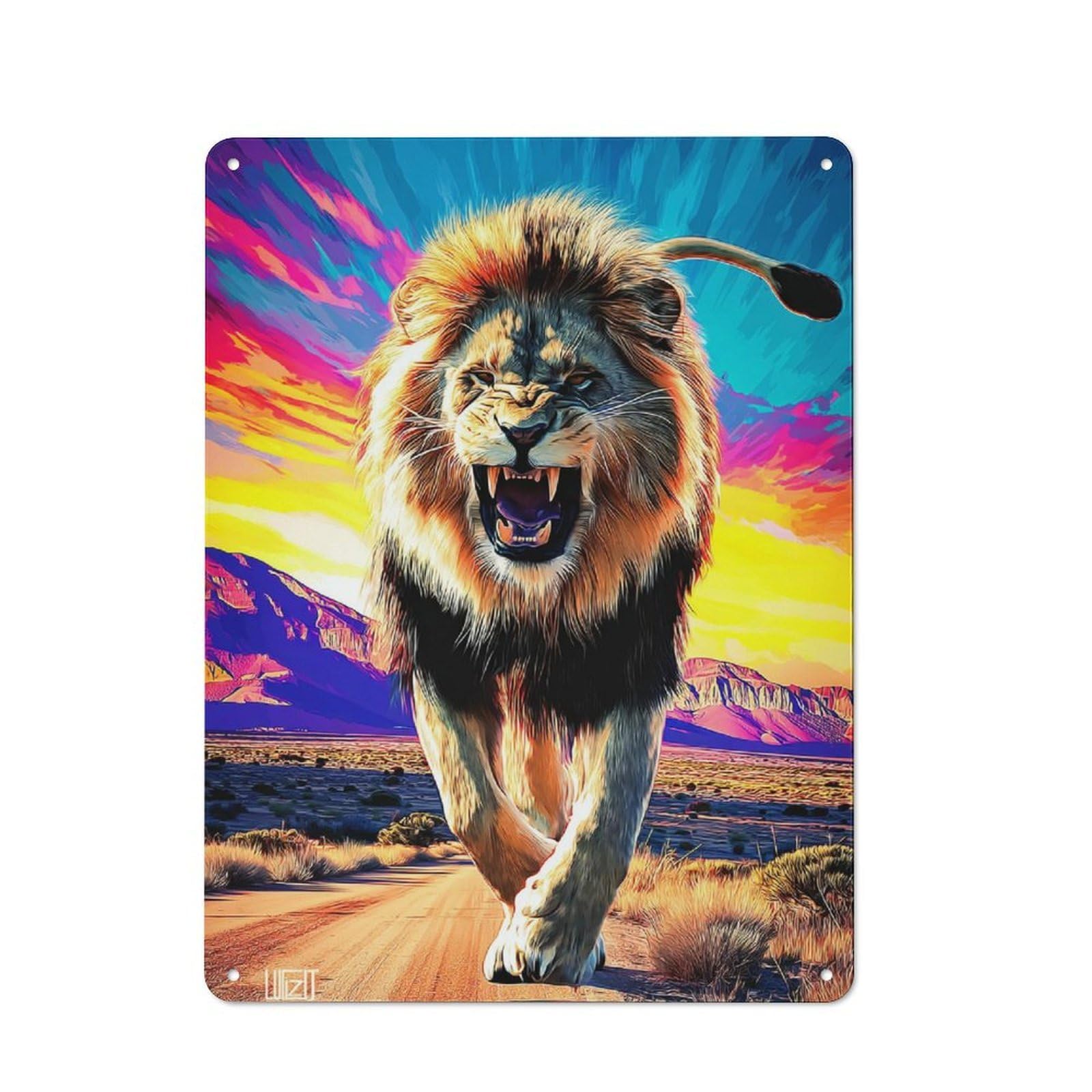 Junmoney Roaring Lion At Sunset -1 Tin Wall Plaque 40X30cm With For Café Or Restaurant, Suited To Restaurant Decor Fans