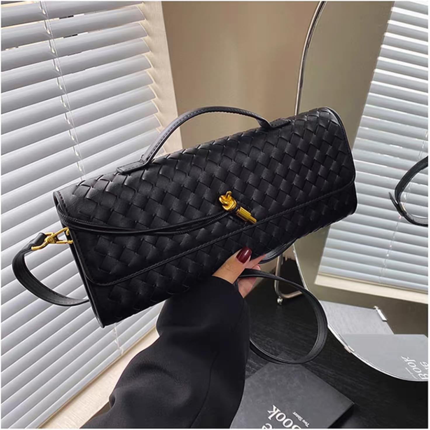 Woven Clutch Purses for Women, PU Leather Evening Bag,Crossbody Shoulder Handbag with Detachable Strap
