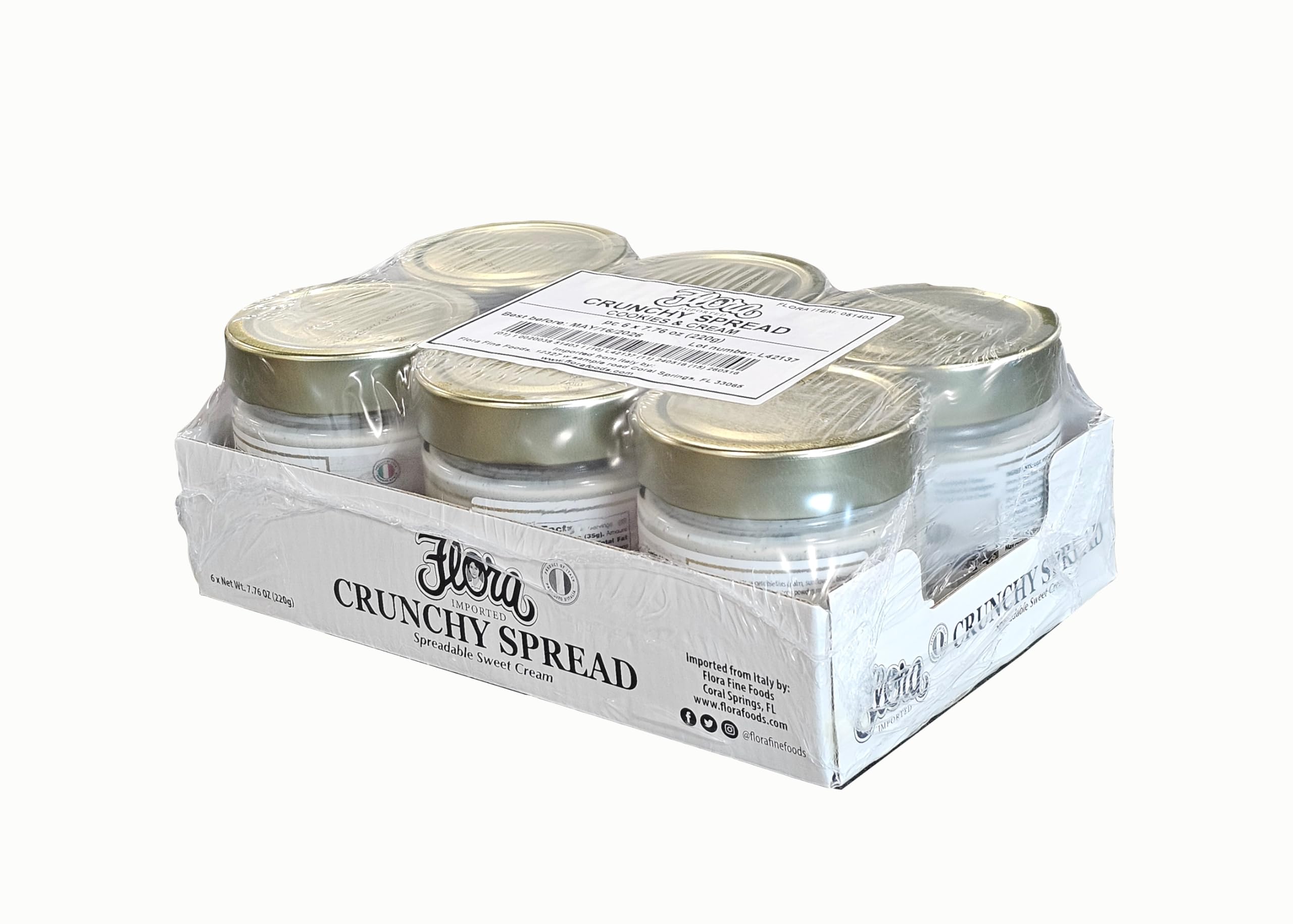 Flora Fine Foods Cookies & Cream Crunchy Spread | Imported from Italy | 7.76 oz jar | Spreadable Cookies & Cream Sweet Butter (Case of 6)